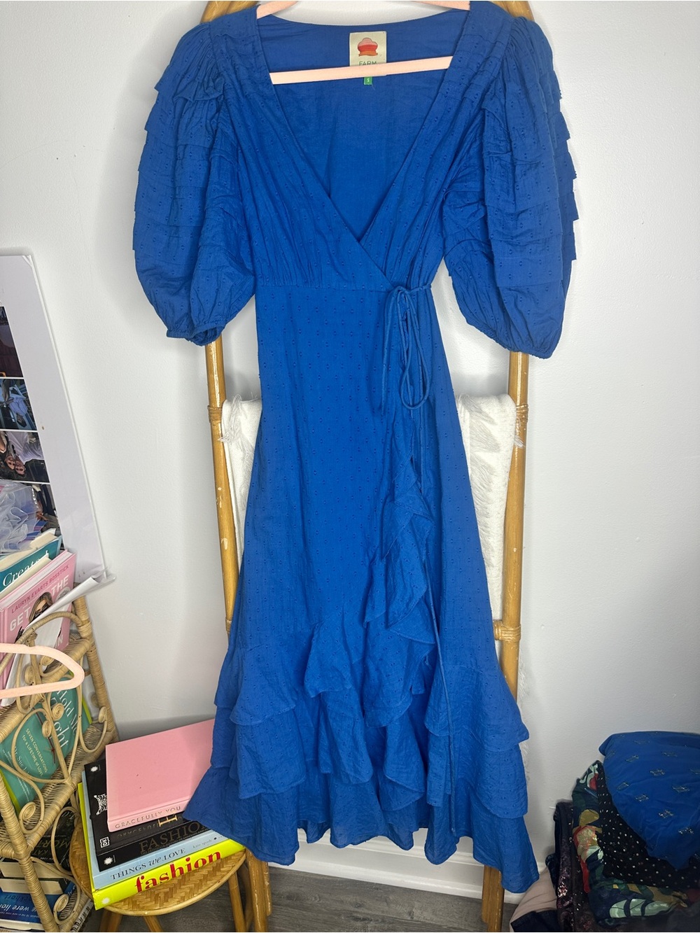Farm Rio Blue Ruffle Midi Wrap Dress sz S